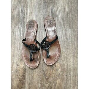 Tory Burch Sandals Women 7 Leather Thong Flat Miller Mini Medallion Logo Cruise